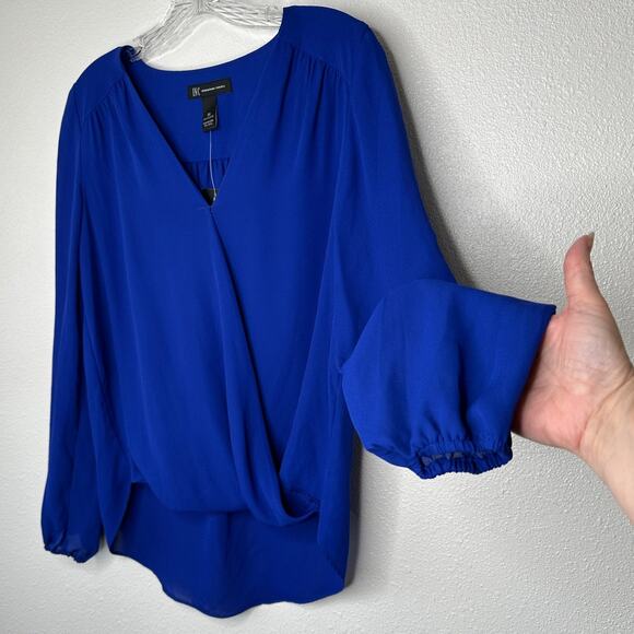 NWT INC Royal Blue VNeck Faux Wrap Long Sleeve High-Low Blouse XS - Picture 5 of 14